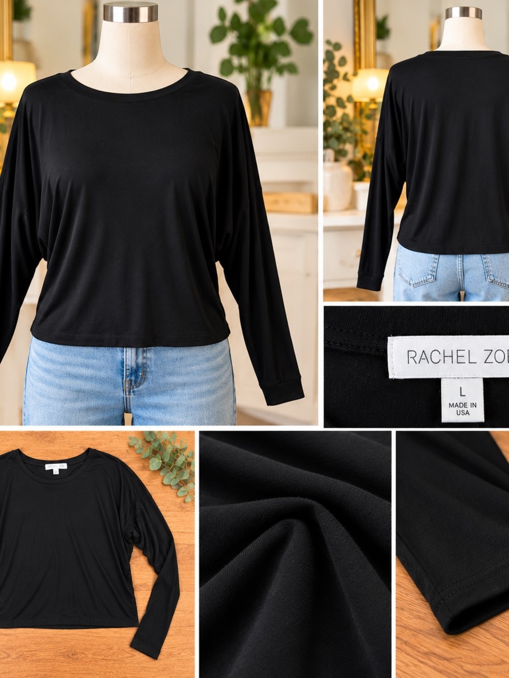 Rachel Zoe Black Long-Sleeve Lightweight Crewneck Top